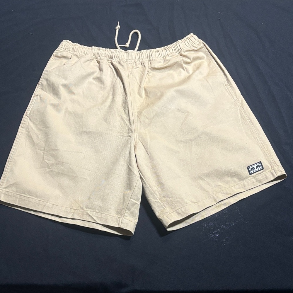 Obey Men's Drawstring Chino Khaki Cotton Shorts Size Large with 9” Inseam